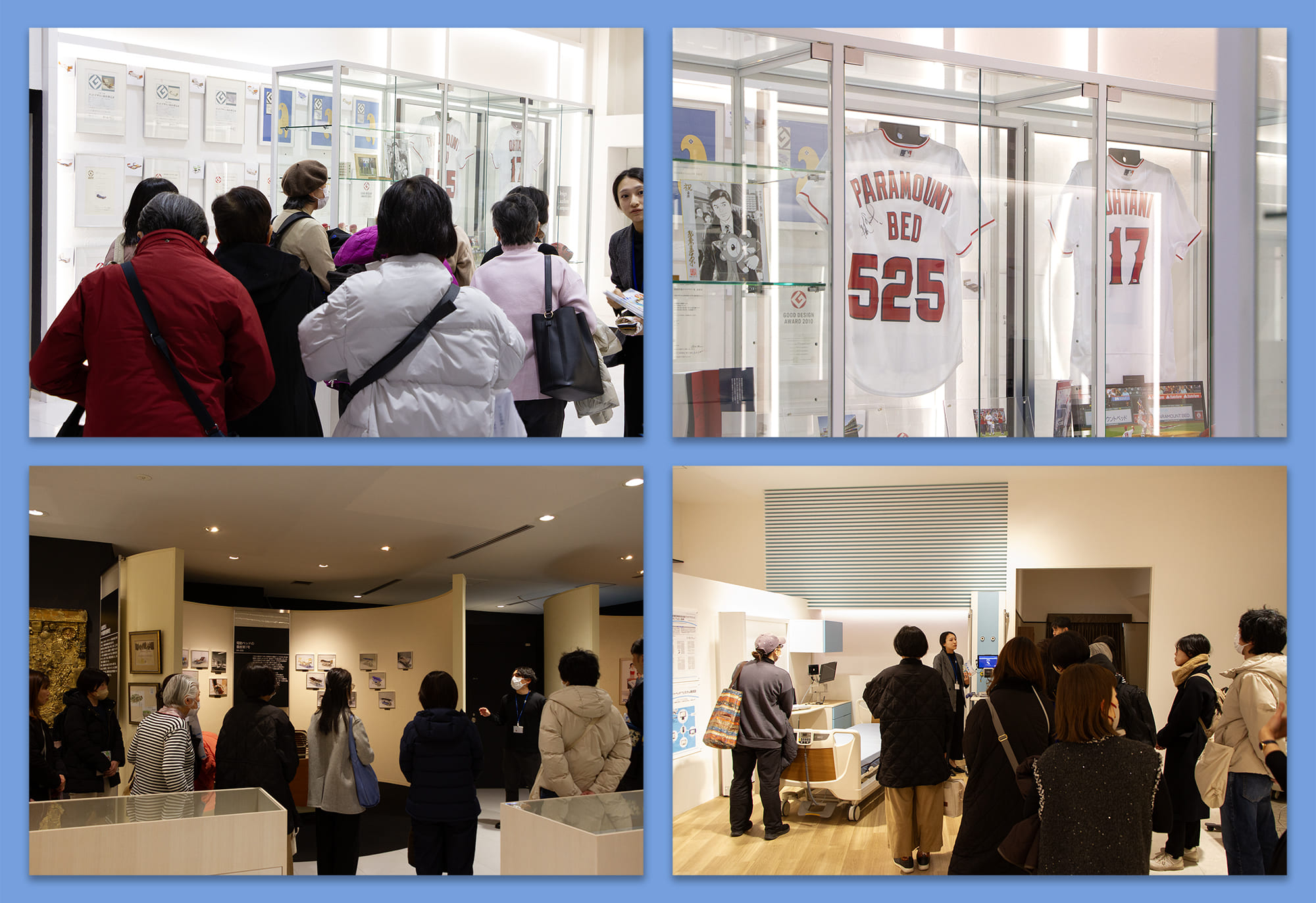 ショールーム見学のようす。企業の歴史やベッドの変遷、スポンサーをしていたロサンゼルス・エンゼルスのユニフォームなどが展示されている