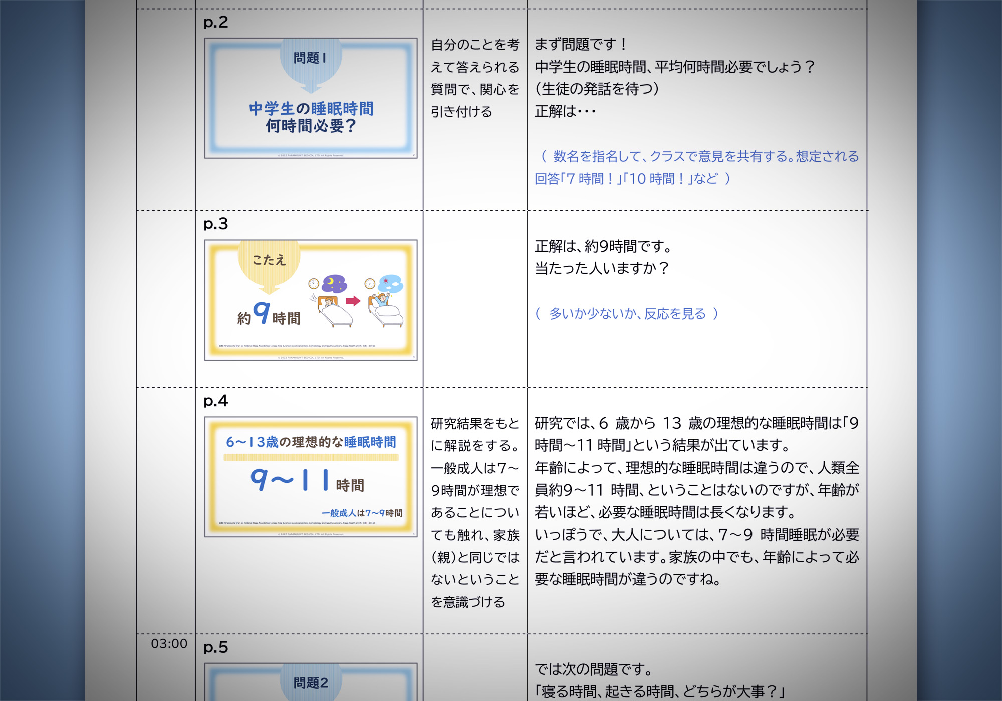 授業の進行台本の一部。各スライドごとに丁寧に意図やセリフが書かれている