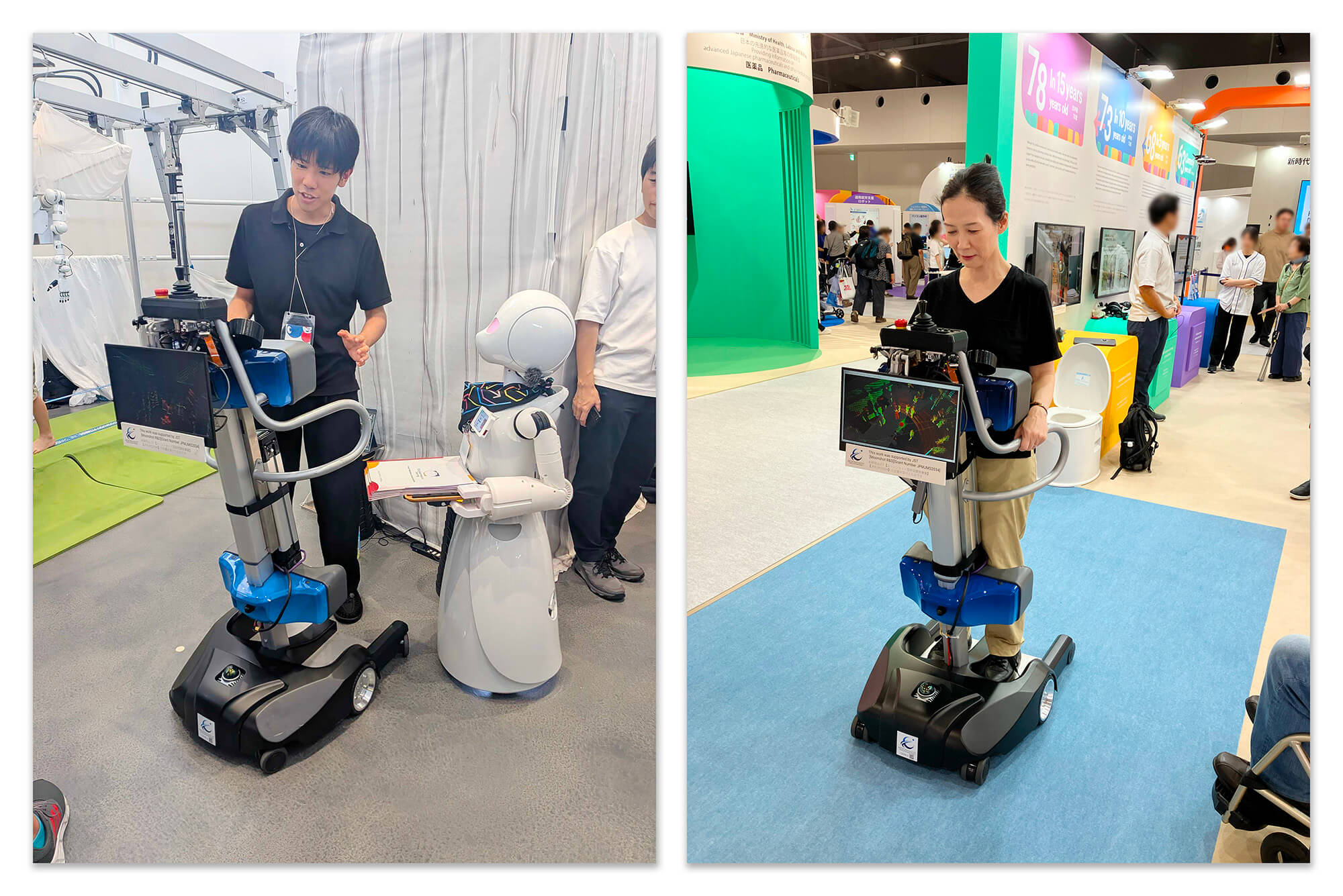 Moby（モビー）の説明をするスタッフと実機に乗って移動する来場者