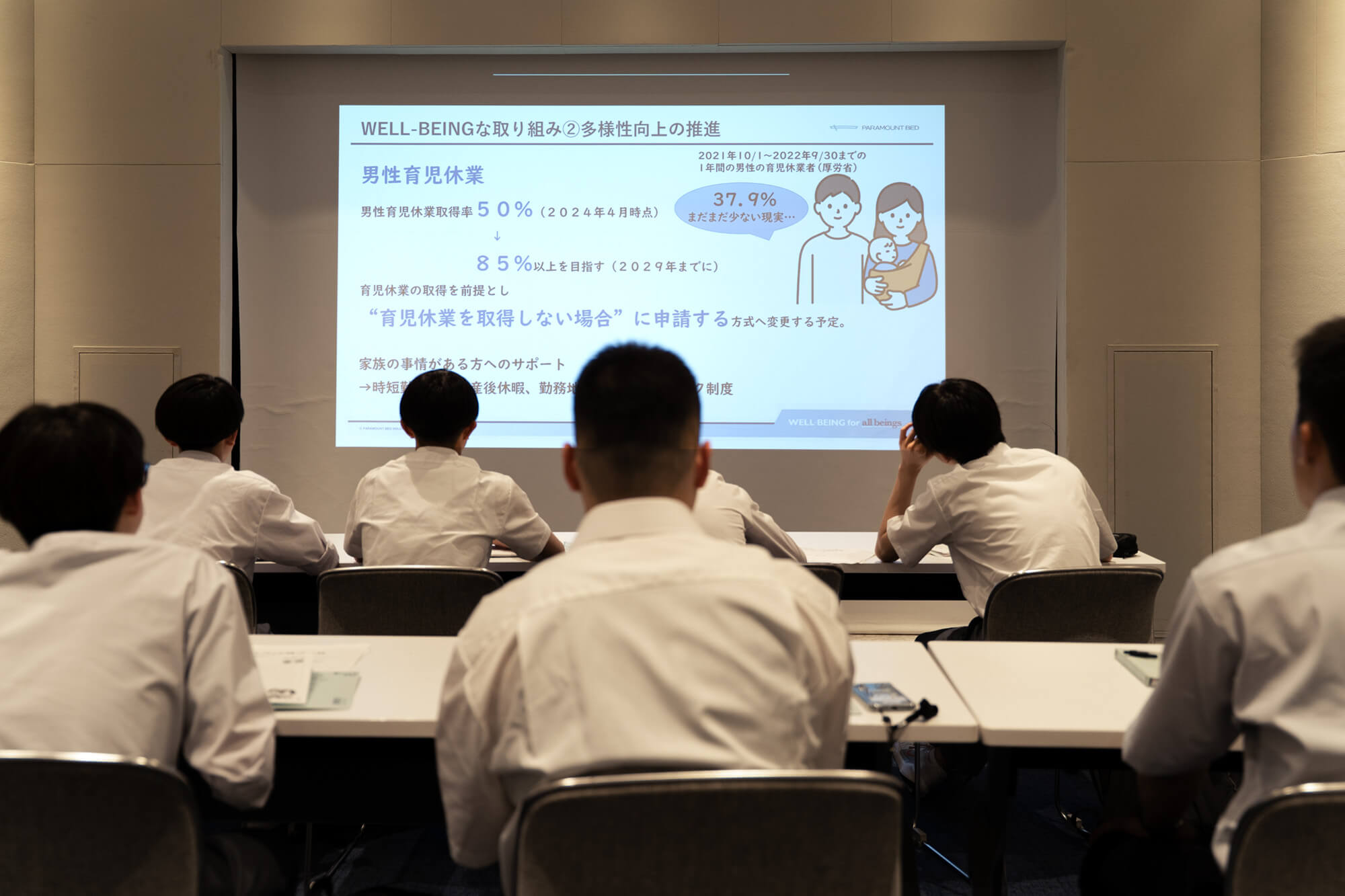 「男性育児休業」取得についてのスライド説明と、それに見入る長橋中学の生徒たち