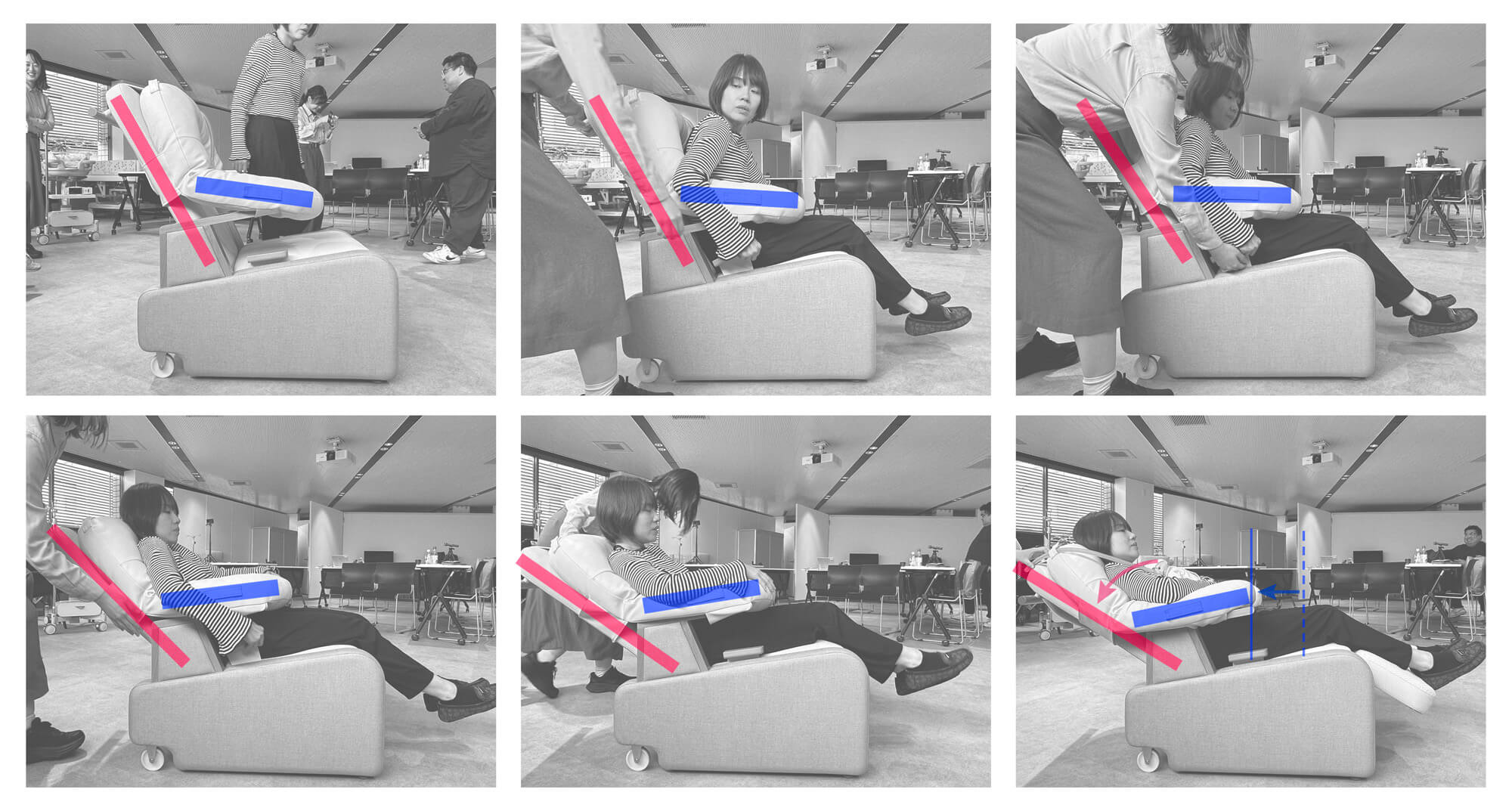 様々なリクライニング角度と、アーム部分のクッションの位置