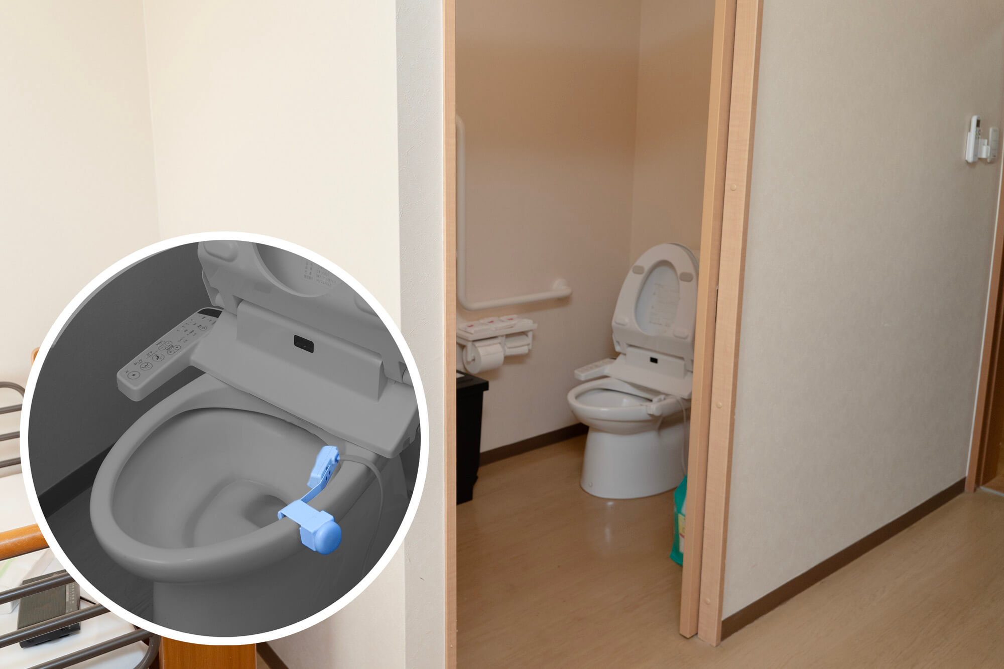 入居者個人の居住室の入口脇にトイレの個室がある。便器にトイレDIARY（ダイアリー）のセンサーが取り付けられている
